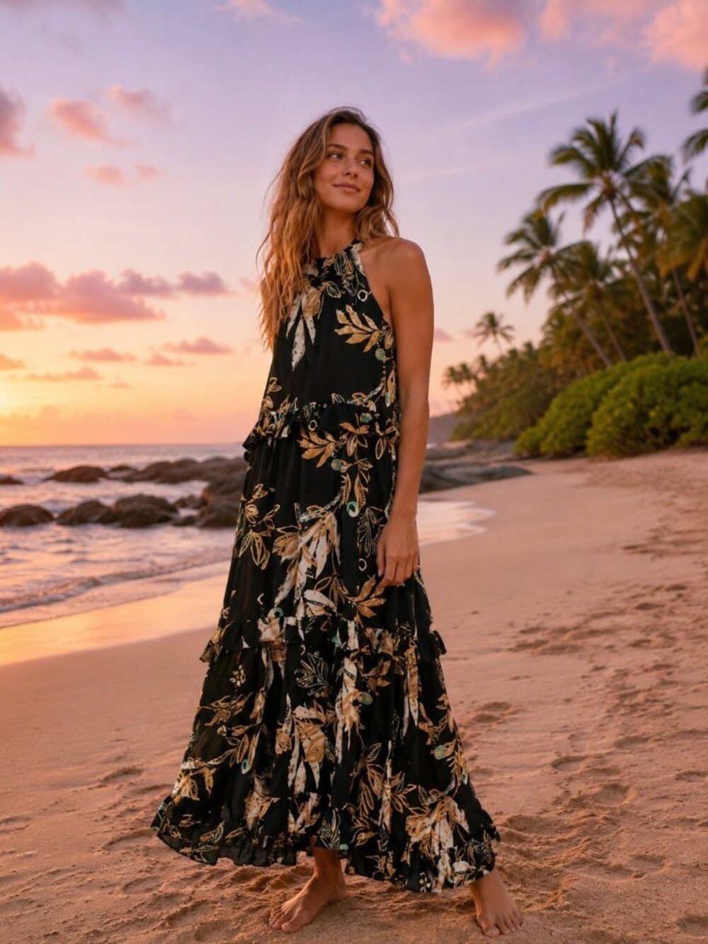 Free People Anita Black Floral Tiered Long Maxi Dress READ